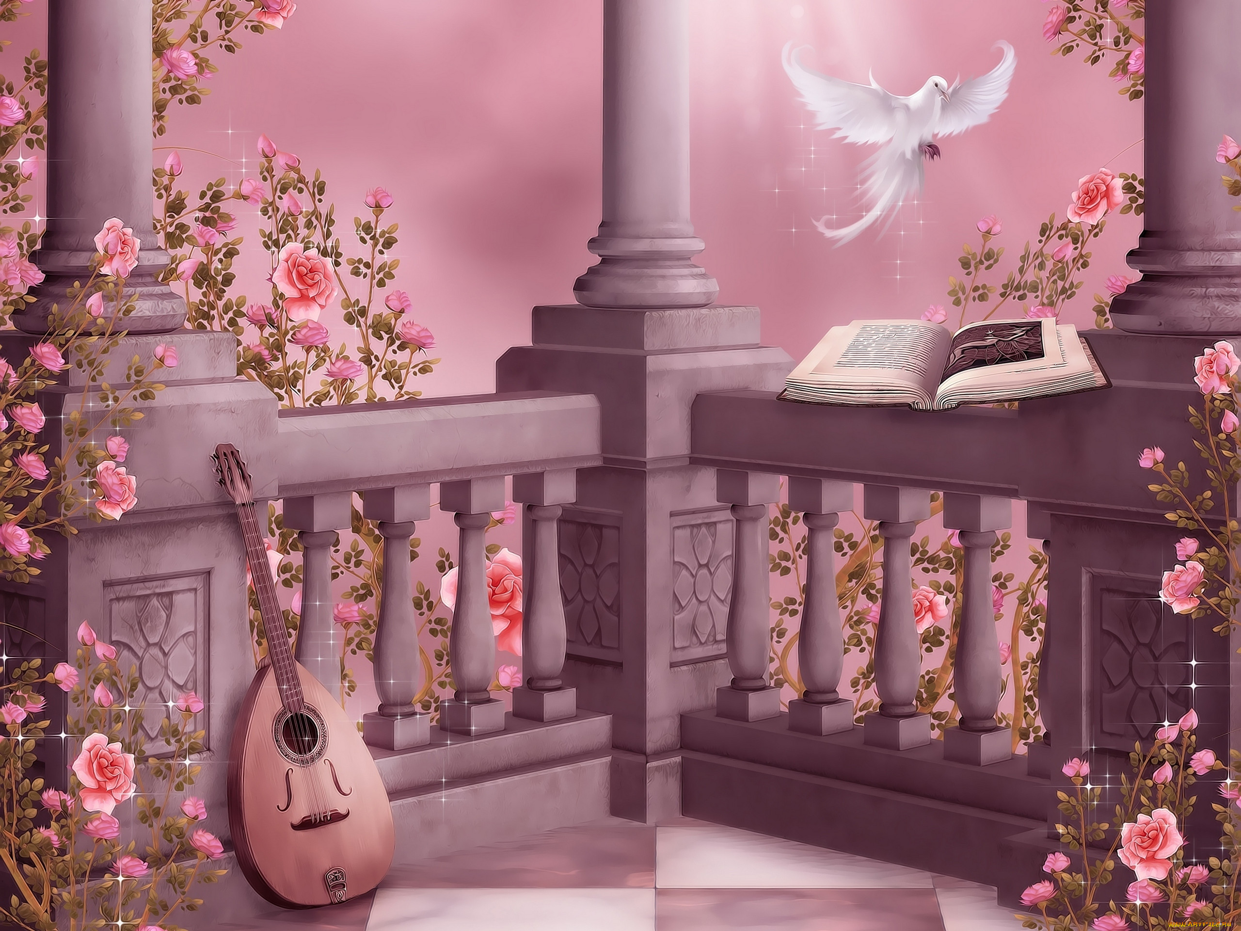 , , garlands, , , columns, , , pigeon, flowers, , dove, , rose, garden, , , , lute, book, music, roses, 